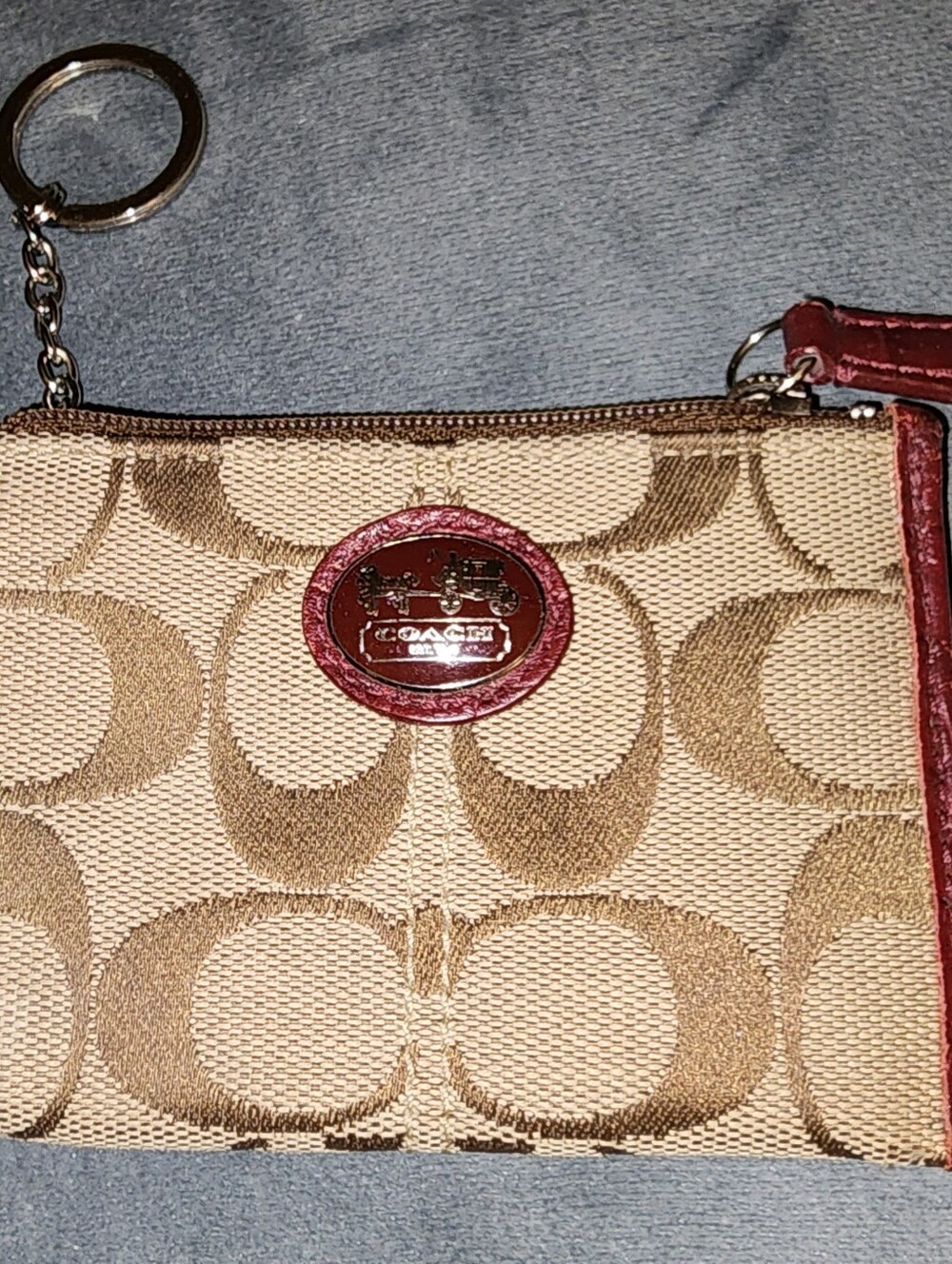 Coach Khaki Signature Wristlet with Red Trim Key/coin Holder